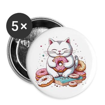 Cat Eating Donuts, Foodie Cat Humor - Buttons large 2.2''/56 mm (5-pack) - white - Front