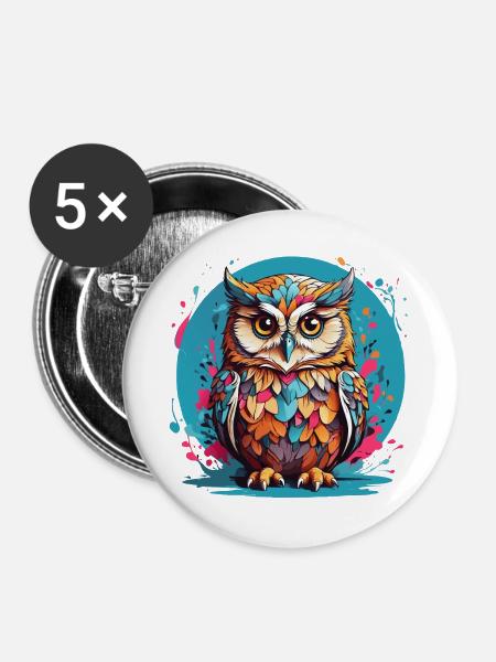 Liebenswerte Eule auf Farbklecksen - Buttons groß 56 mm (5er Pack) - Weiß