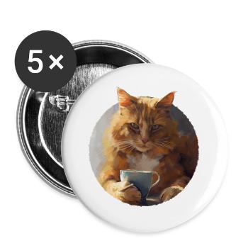 Illustration of Cat with his cup of coffee - Buttons large 2.2''/56 mm (5-pack) - white - Front