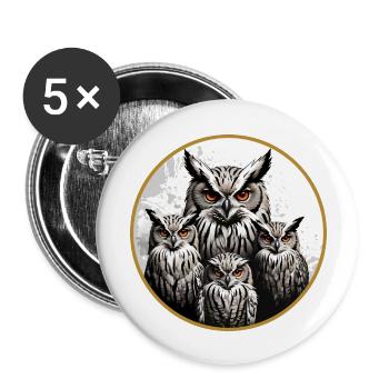 Eulenfamilie - grafisches Eulenmotiv mit vier Uhus - Buttons groß 56 mm (5er Pack) - Weiß - Vorne