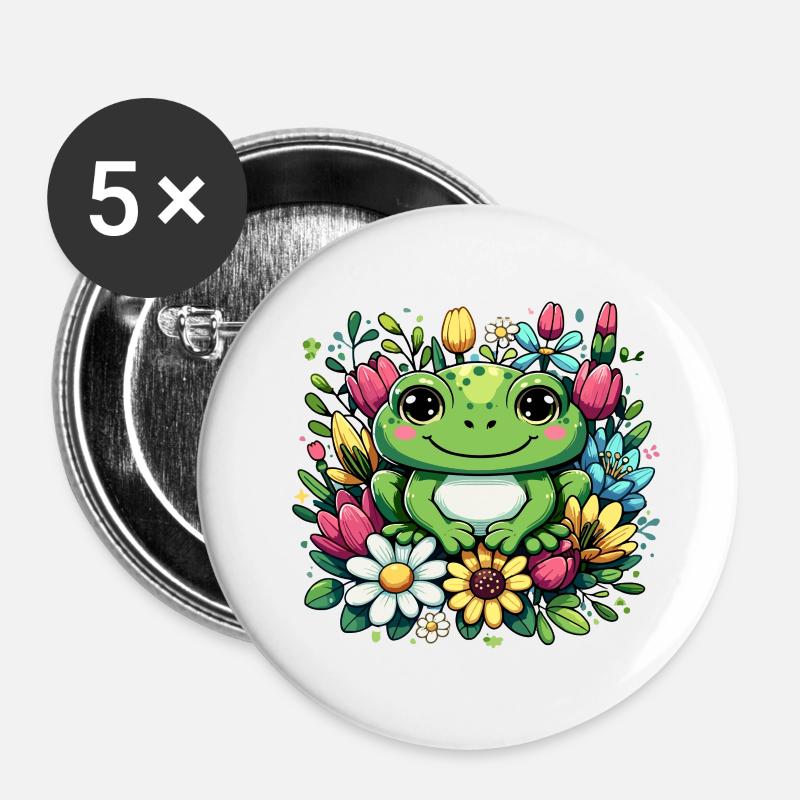 Unique frog design in flower wreath! - Buttons large 2.2''/56 mm (5-pack) - white