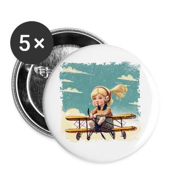 Mädchen sitzt auf einem Doppeldecker | Fantasy - Buttons groß 56 mm (5er Pack) - Weiß - Vorne