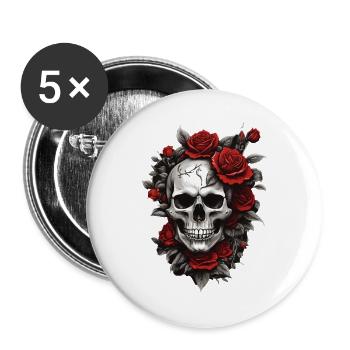 Schädel mit roten Rosen - Buttons groß 56 mm (5er Pack) - Weiß - Vorne