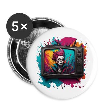 TV / Télévision / Analogique / Tube TV / Rétro - Lot de 5 grands badges (56 mm) - blanc - Devant