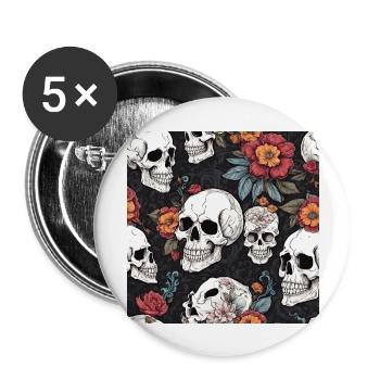 Totenkopf und Blumen - Buttons groß 56 mm (5er Pack) - Weiß - Vorne