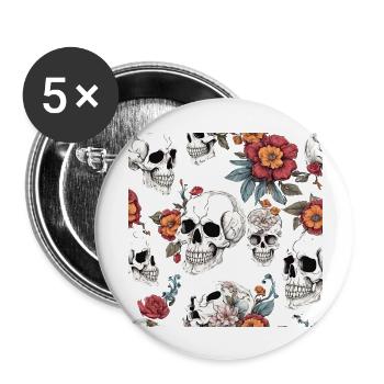 Totenkopf und Blumen - Buttons groß 56 mm (5er Pack) - Weiß - Vorne