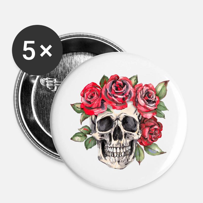 Skull with red roses - Buttons large 2.2''/56 mm (5-pack) - white