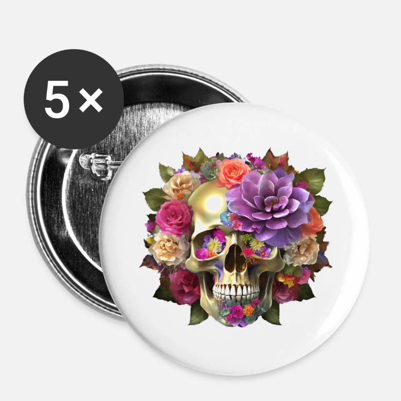 Skull with flowers - Buttons large 2.2''/56 mm (5-pack) - white