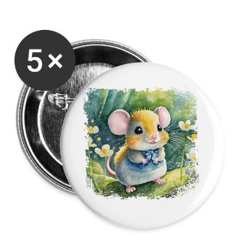 Niedliche Babymaus die fröhlich im Garten spielt - Buttons groß 56 mm (5er Pack) - Weiß - Vorne