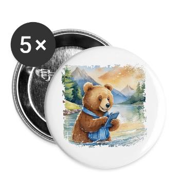 Mignon jeune ours brun avec téléphone portable - Lot de 5 grands badges (56 mm) - blanc - Devant