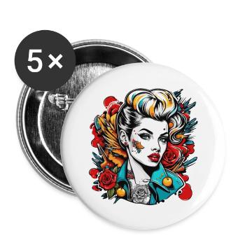 Rockabilly / Pin-up Girl / Girl Power / Années 50 - Lot de 5 grands badges (56 mm) - blanc - Devant