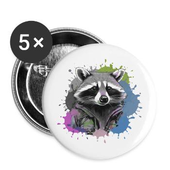 raton laveur, noir et blanc, gris, aquarelle, coloré - Lot de 5 grands badges (56 mm) - blanc - Devant