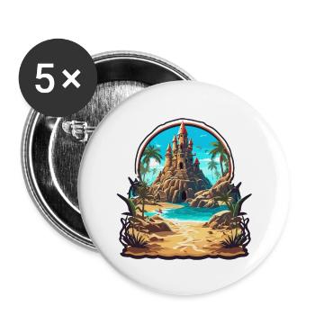 Château de sable / Construction / Jouer / Château / Vacances - Lot de 5 grands badges (56 mm) - blanc - Devant