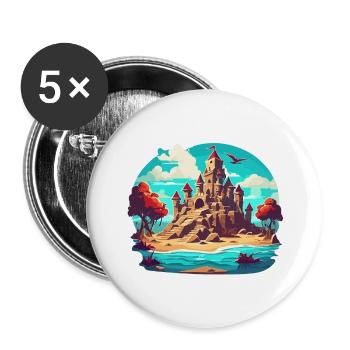 Château de sable / Construction / Jouer / Château / Vacances - Lot de 5 grands badges (56 mm) - blanc - Devant