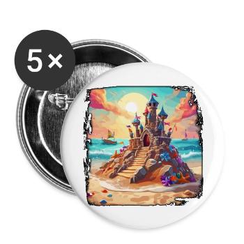 Château de sable / Construction / Jouer / Château / Vacances - Lot de 5 grands badges (56 mm) - blanc - Devant