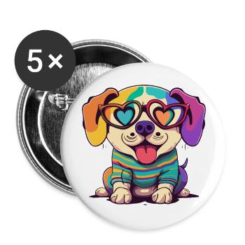 Regenbogen Niedlicher Hund mit Brille Herz Welpe Lov - Buttons groß 56 mm (5er Pack) - Weiß - Vorne