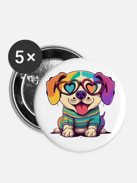 Rainbow Cute Dog Wearing Glasses Heart Puppy Lov - Buttons large 2.2''/56 mm (5-pack) - white