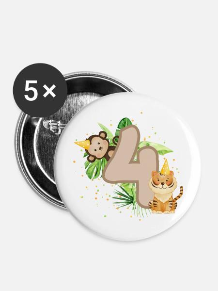 Vierter Geburtstag Dschungel Tiger Affe 4. Junge - Buttons groß 56 mm (5er Pack) - Weiß