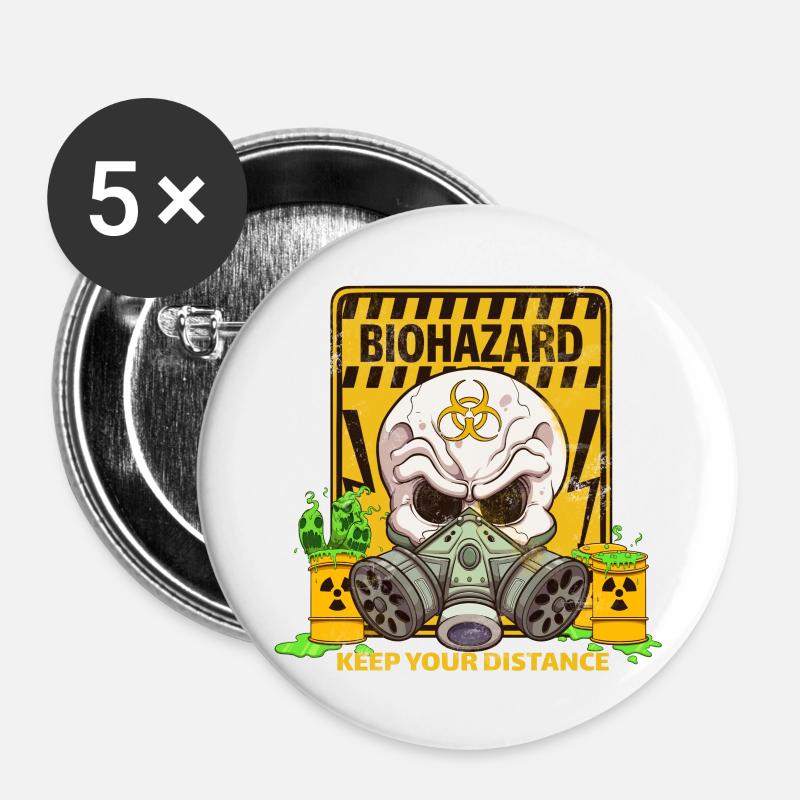 Cartoon Biohazard Skull With Caution Sign - Buttons large 2.2''/56 mm (5-pack) - white