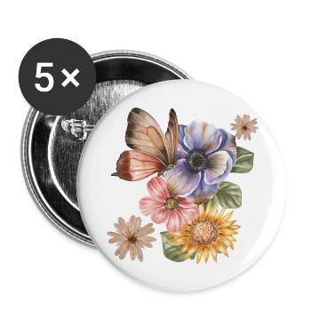 BLUMEN & SCHMETTERLING - Buttons groß 56 mm (5er Pack) - Weiß - Vorne