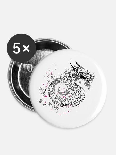 Drache mit Kirschblüten Sakura Style - Buttons groß 56 mm (5er Pack) - Weiß