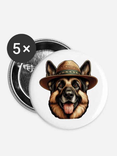 Niedlicher Deutscher Schäferhund mit Strohhut - Buttons groß 56 mm (5er Pack) - Weiß