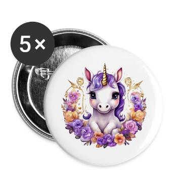 Licorne avec des Roses colorées - Licorne douce - Lot de 5 grands badges (56 mm) - blanc - Devant