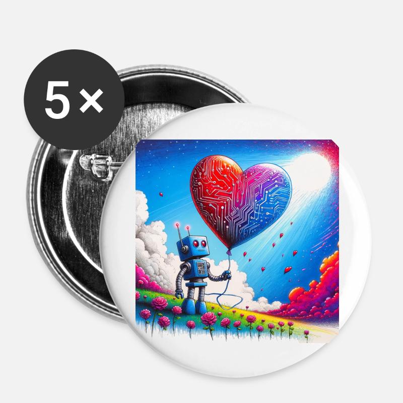 Robot with a heart balloon - Buttons large 2.2''/56 mm (5-pack) - white