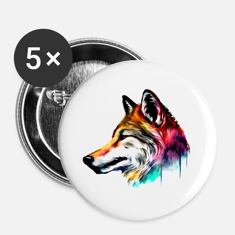 Colorfull Wolfskopf - Buttons groß 56 mm (5er Pack) - Weiß