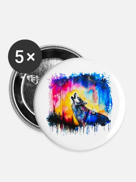 Wolf Aquarell - Buttons groß 56 mm (5er Pack) - Weiß