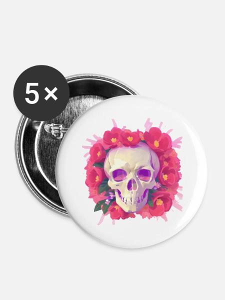 Skull lays in Flowers - Buttons groß 56 mm (5er Pack) - Weiß