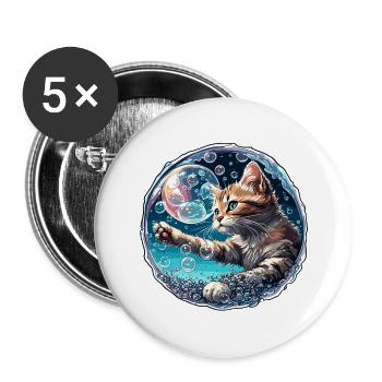 Animal dans bulle de savon / enfantin / mignon / chat - Lot de 5 grands badges (56 mm) - blanc - Devant