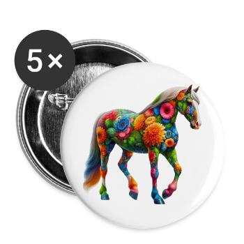 Pferd mit Blumen geschmückt - Buttons groß 56 mm (5er Pack) - Weiß - Vorne
