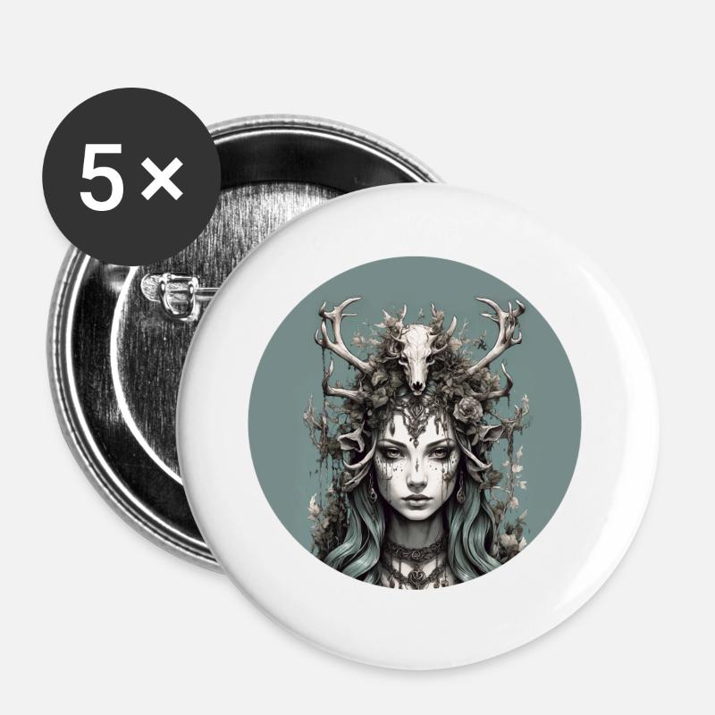 Mystical forest goddess with deer antlers, shaman. - Buttons large 2.2''/56 mm (5-pack) - white