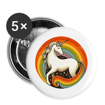 Retro 1980 Regenbogen Einhorn - Buttons groß 56 mm (5er Pack) - Weiß - Vorne