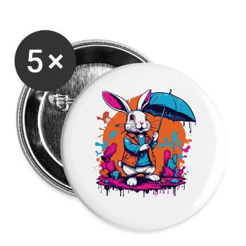 Lapin de printemps avec parapluie en avril - Lot de 5 grands badges (56 mm) - blanc - Devant