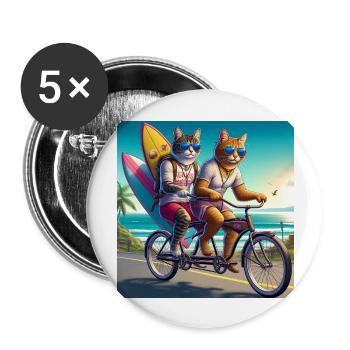 Gato Loco Riding Cat Dudes Bicycle Cat Surfer - Buttons large 2.2''/56 mm (5-pack) - white - Front