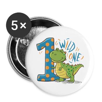 Drôle de dinosaure « WILD ONE » pour son 1er anniversaire - Lot de 5 grands badges (56 mm) - blanc - Devant