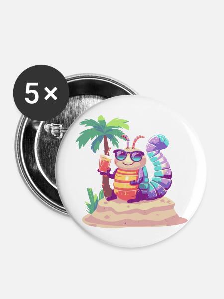Wurm Sommer Urlaub - Buttons groß 56 mm (5er Pack) - Weiß