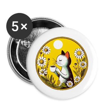 Vintage Retro Cafe Katze - Buttons groß 56 mm (5er Pack) - Weiß - Vorne