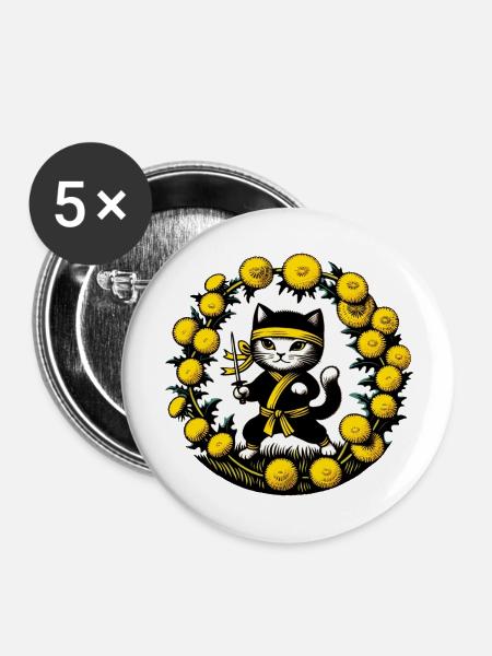 Ninja-Katze - Buttons groß 56 mm (5er Pack) - Weiß