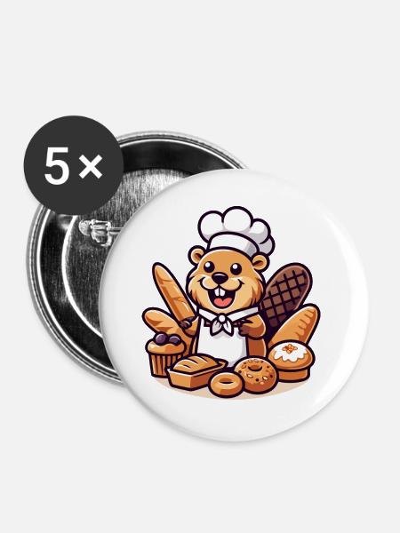 Baker Beaver: Der Konditorei-Profi - Buttons groß 56 mm (5er Pack) - Weiß