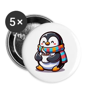 Charmanter Pinguin mit buntem Schal - Buttons groß 56 mm (5er Pack) - Weiß - Vorne