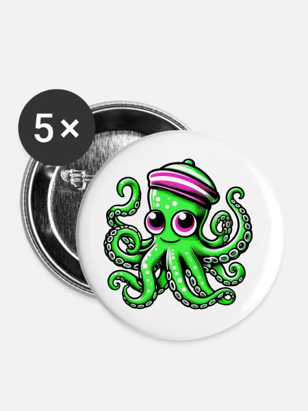 Krake - Buttons groß 56 mm (5er Pack) - Weiß