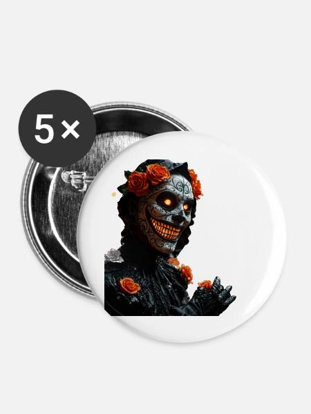 Halloween-Menion mit funkelnden Lichtern - Buttons groß 56 mm (5er Pack) - Weiß