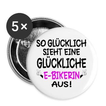 GLÜCKLICHE E-BIKE - FAHRRADFAHRERIN RAD - Buttons groß 56 mm (5er Pack) - Weiß - Vorne