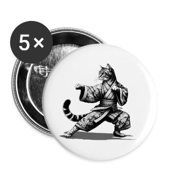 Katze mit Kimono in einer Kung Fu Kampfstellung - Buttons groß 56 mm (5er Pack) - Weiß - Vorne
