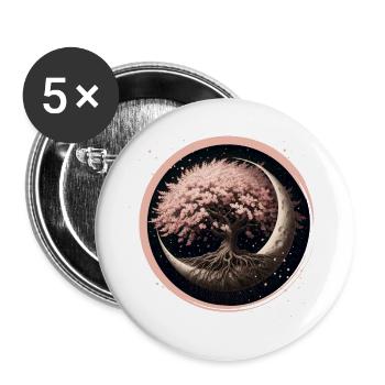 Bonsaï élégant en fleurs de cerisier sur croissant de lune - Lot de 5 grands badges (56 mm) - blanc - Devant