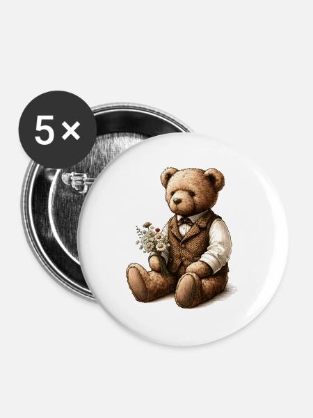 Vintage-Teddy mit Blumen: Ein Hauch von Nostalgie - Buttons groß 56 mm (5er Pack) - Weiß