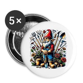 Colorful, living garden gnome surrounded by tools - Buttons large 2.2''/56 mm (5-pack) - white - Front